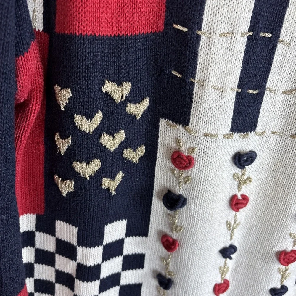 Vintage 90s Patriotic Teacher Sweater M Flag Red Blue Embroidered Patchwork